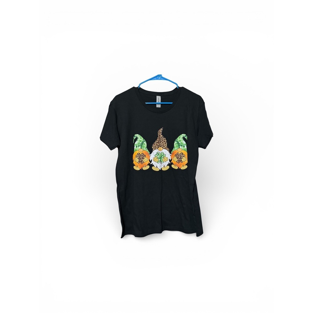 Gildan Womens St Patricks Day Gnomes Graphic Tee Black XL Leopard Shamrock Shirt